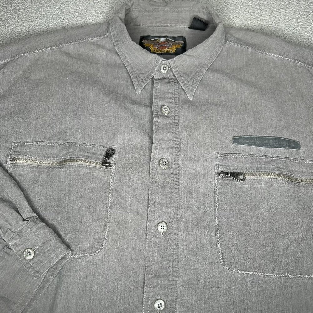 Vintage Harley-Davidson Shirt Mens 2XL Gray Button Up Zip Pockets Biker 90s